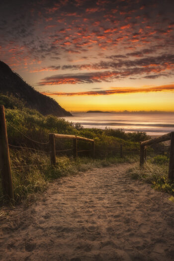 Fine art print of a sandy path leading to the ocean at sunrise, with coastal grasses and fences at Zenith Beach, Port Stephens, Australia.