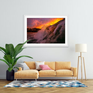 Barrelling wave breaks at sunrise with fiery orange sky at Bronte Beach, Sydney – "Rooster" Fine Art Ocean Photography Print