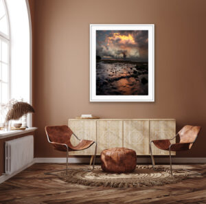 Award-winning fine art ocean print of storm clouds glowing at sunset with tidal reflections at Tamarama Beach, Sydney – "Stygian Seas"