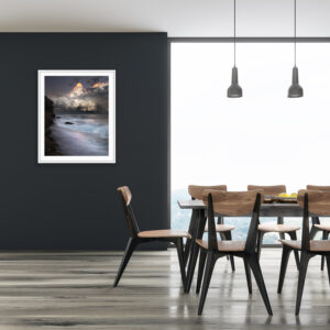 Award-winning fine art ocean print of towering storm clouds illuminated at sunset over Tamarama Beach, Sydney – "Sugarloaf Summit"