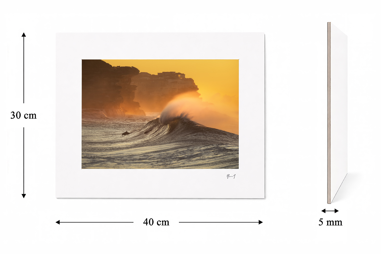 30 × 40 cm mounted fine art print featuring a dolphin inside an ocean wave at sunrise at Bronte Beach.