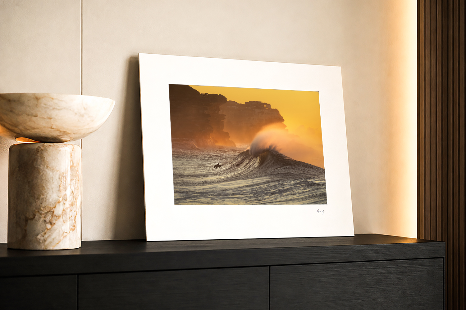 Dolphin swimming through a sunrise wave at Bronte Beach displayed as coastal wall art in a modern interior.