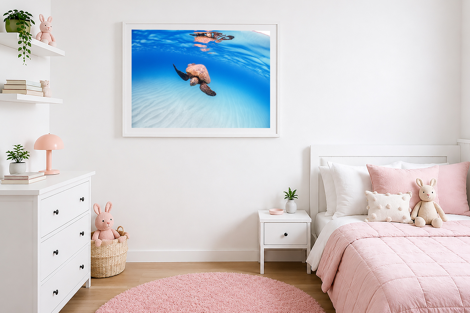 Green sea turtle underwater photograph from Oahu, Hawaii, displayed as ocean wall art in a bright bedroom