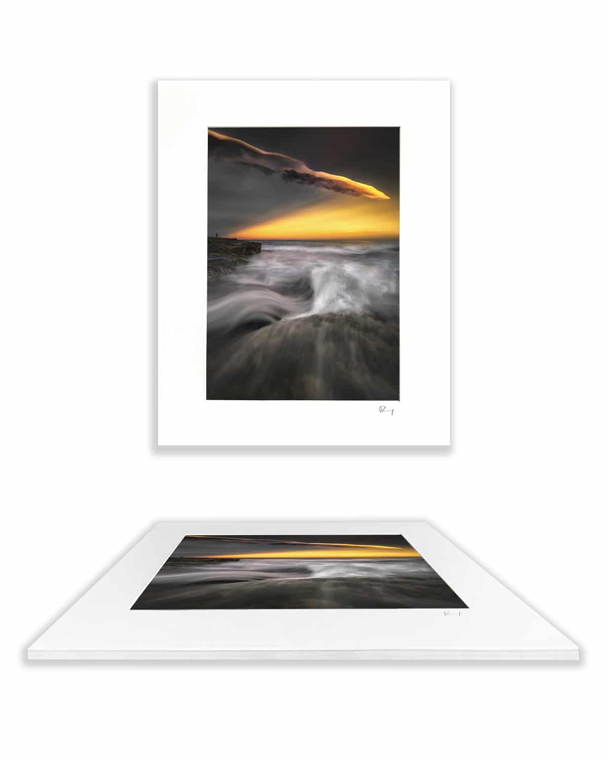 Mounted fine art print of an extraordinary storm sunset with towering illuminated clouds over Tamarama Beach, Sydney, Australia.