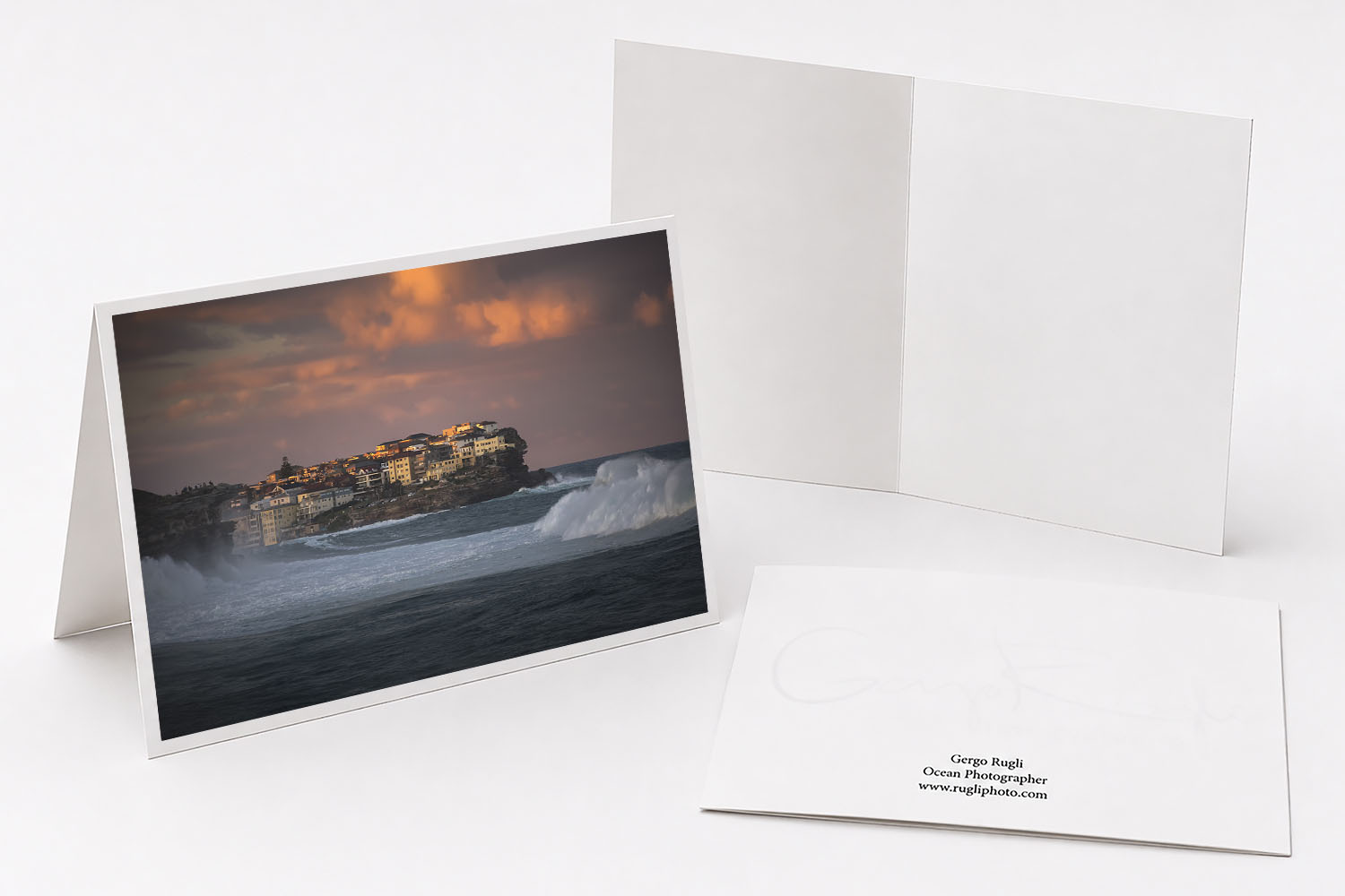 Bondi Beach sunset fine art greeting card featuring original Sydney ocean photography.