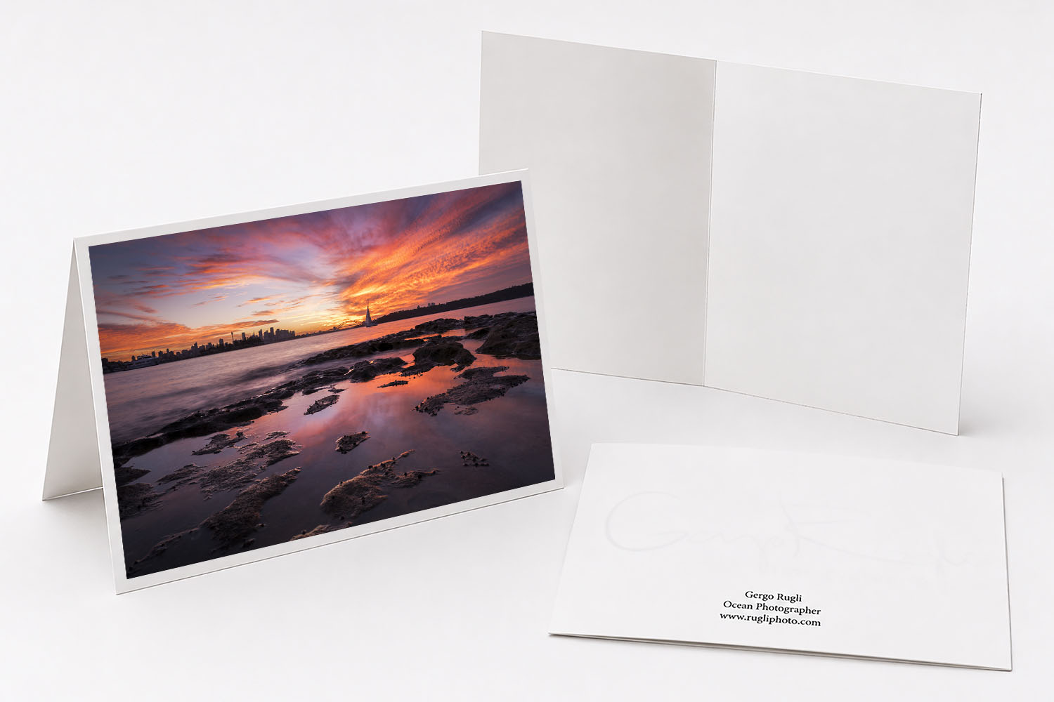 Milk Beach Sydney sunset fine art greeting card featuring original harbour photography.