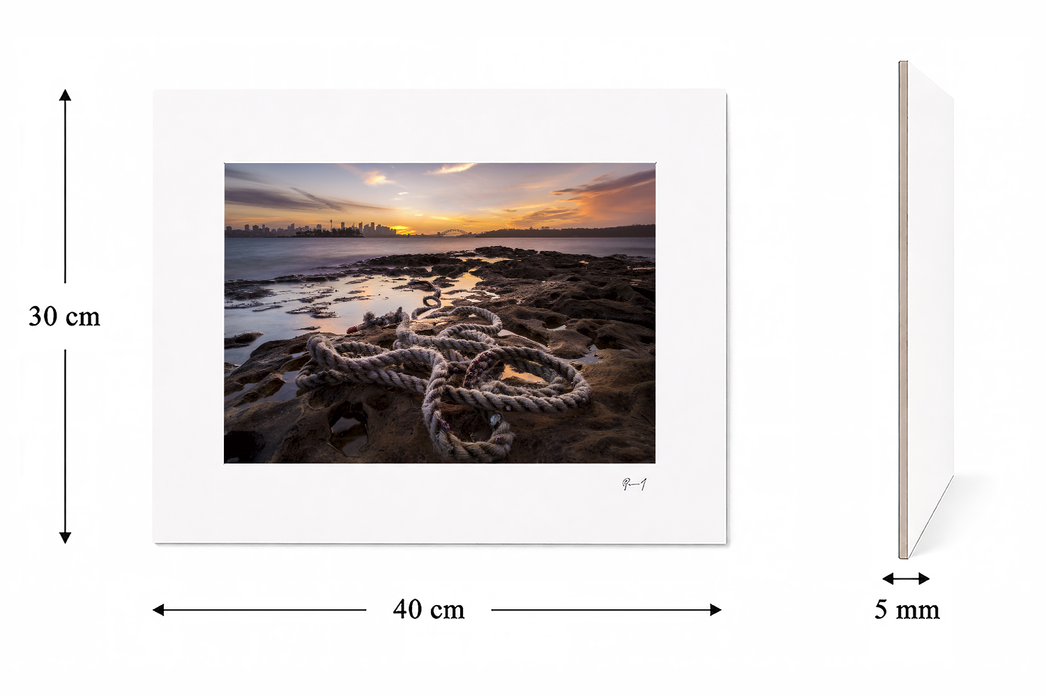 30 × 40 cm mounted fine art print of Sydney Harbour at sunset from Milk Beach, shown with its 5 mm board thickness.