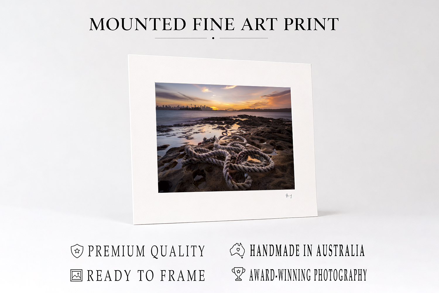 Mounted fine art print featuring Sydney Harbour at sunset from Milk Beach, handmade in Australia and ready to frame.