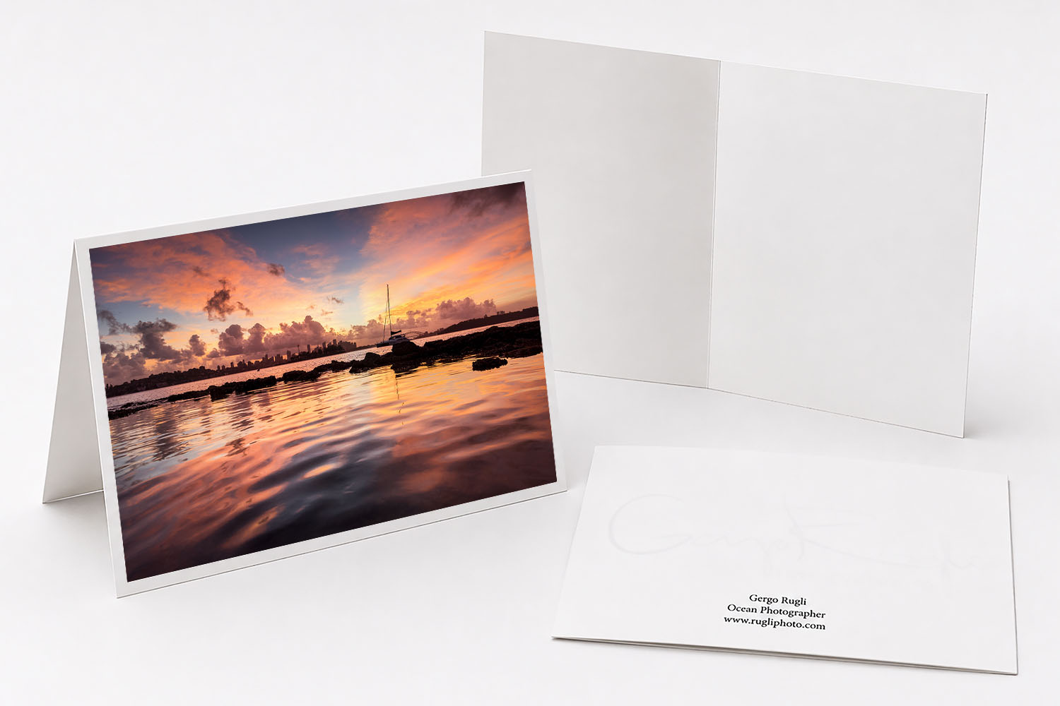 Premium greeting card featuring a Sydney Harbour sunset photographed from Milk Beach.
