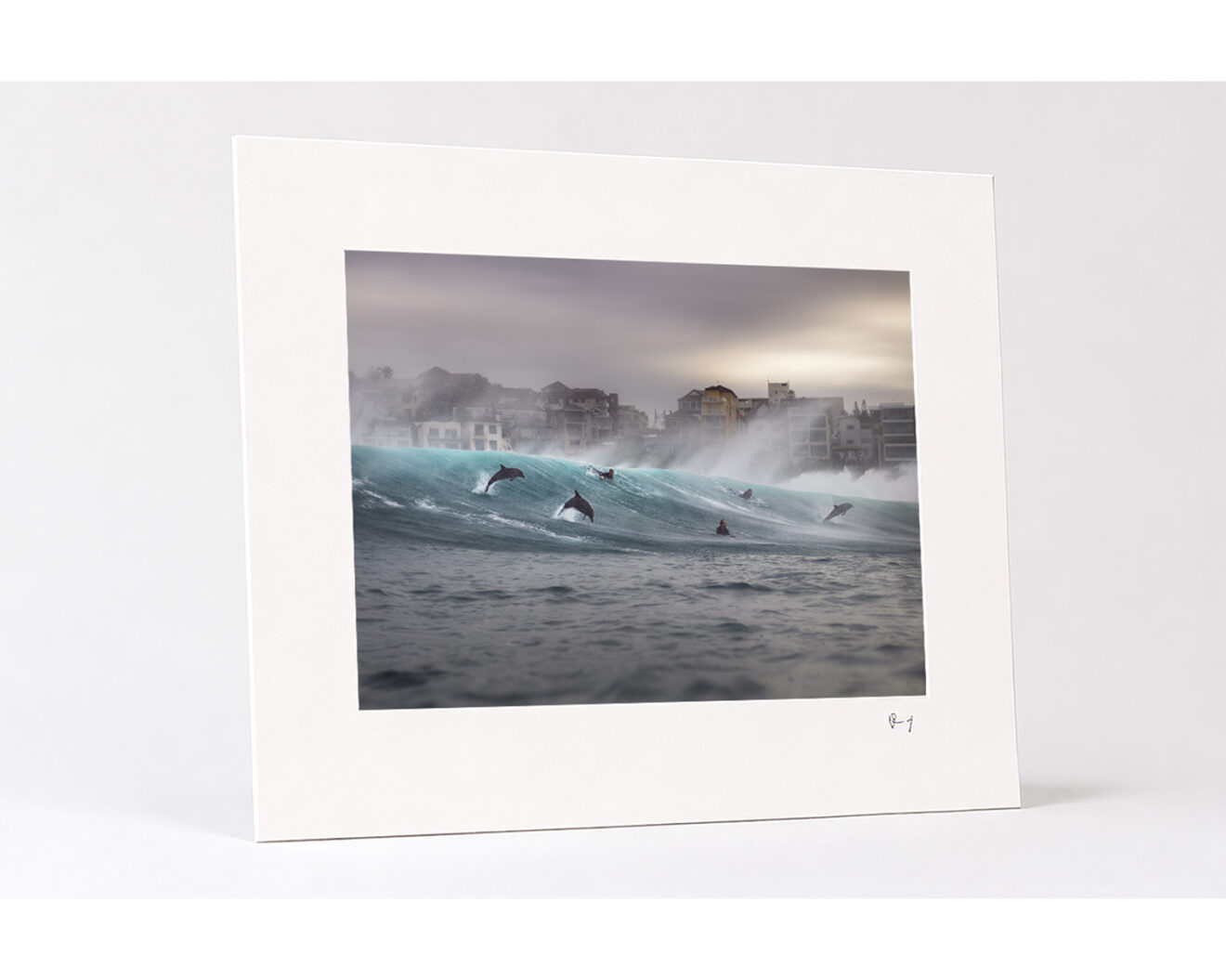 Award-winning fine art print of dolphins leaping through waves with surfers at Tamarama Beach, Sydney, photographed by Gergo Rugli.